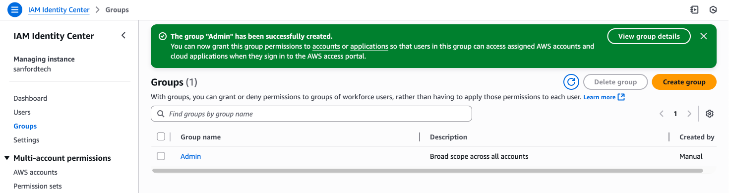 Created Admin Group in the IAM Identity Center