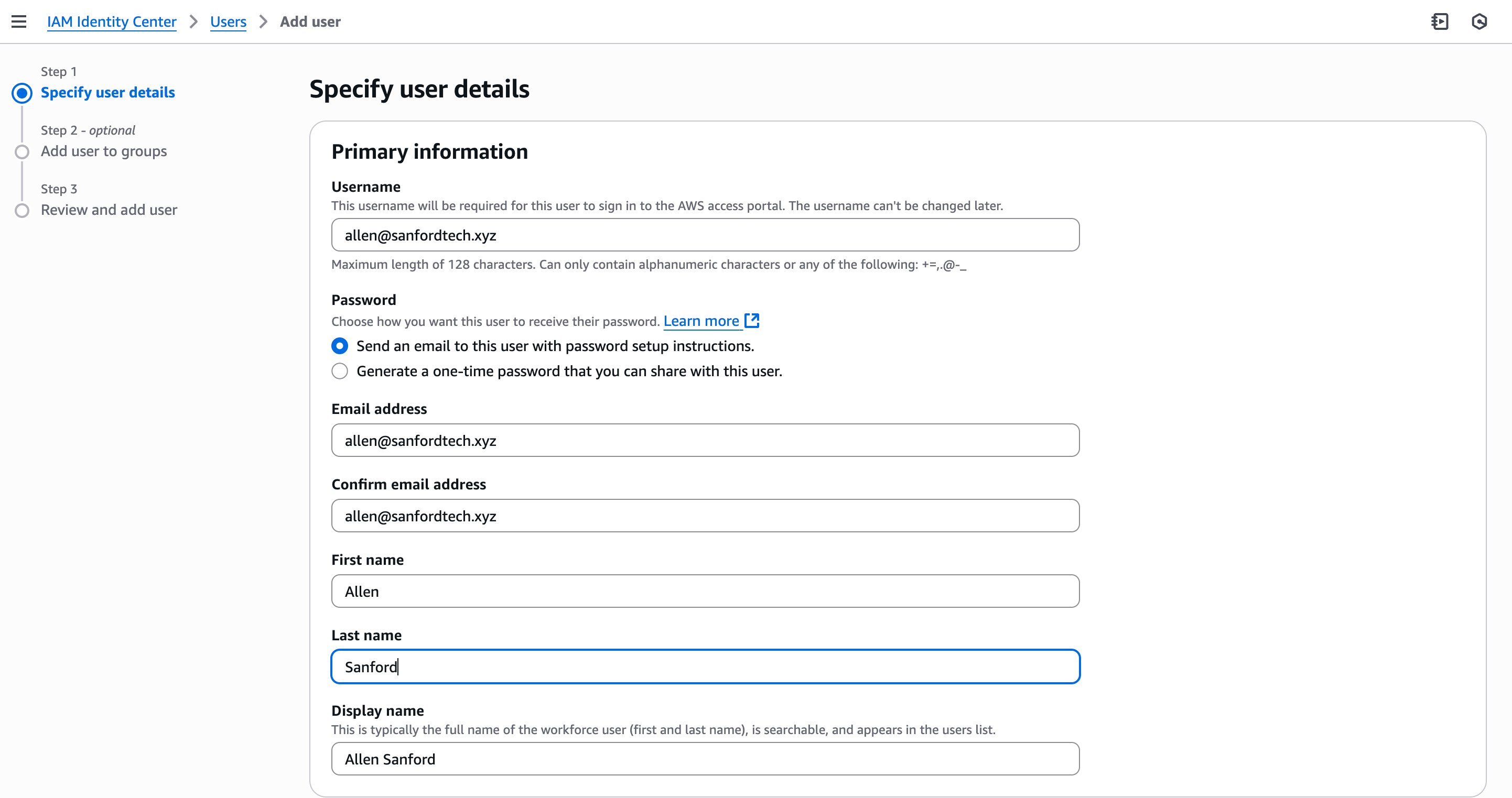 Create user form in the IAM Identity Center