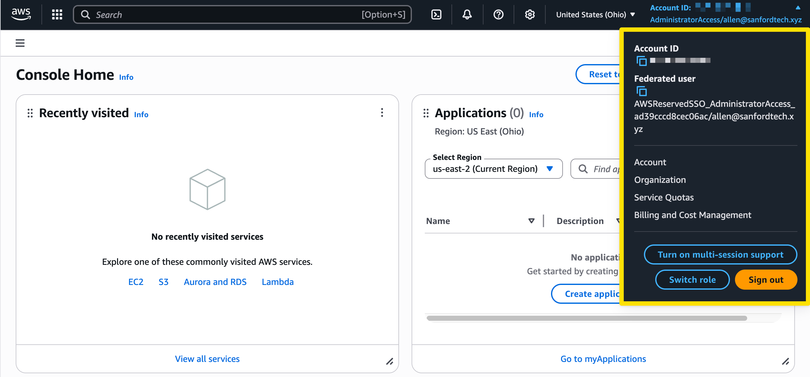 Signed in with AdministratorAccess as a Federated user