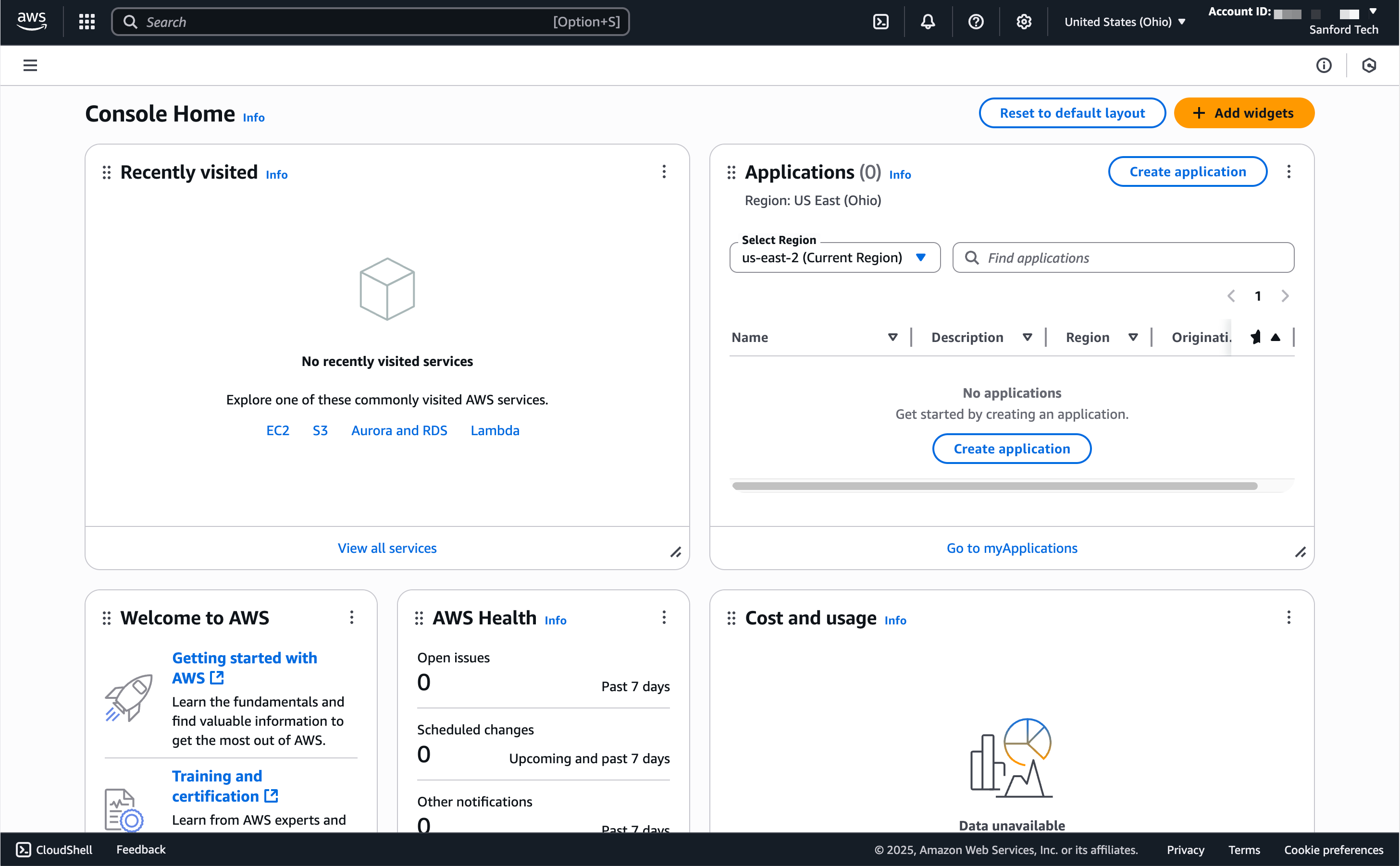 Console home for a fresh AWS account