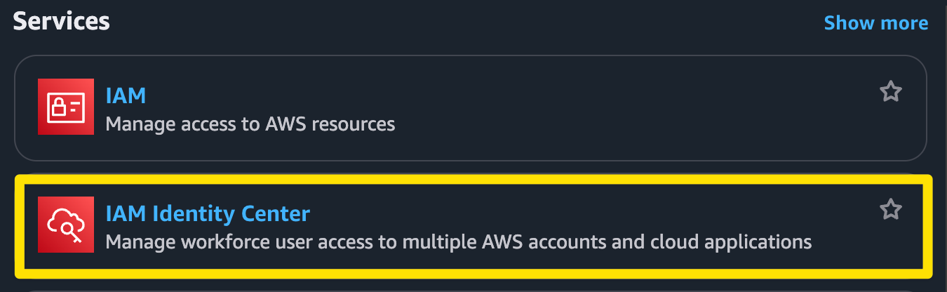 Search results for 'IAM' showing results for the IAM service and IAM Identity Center