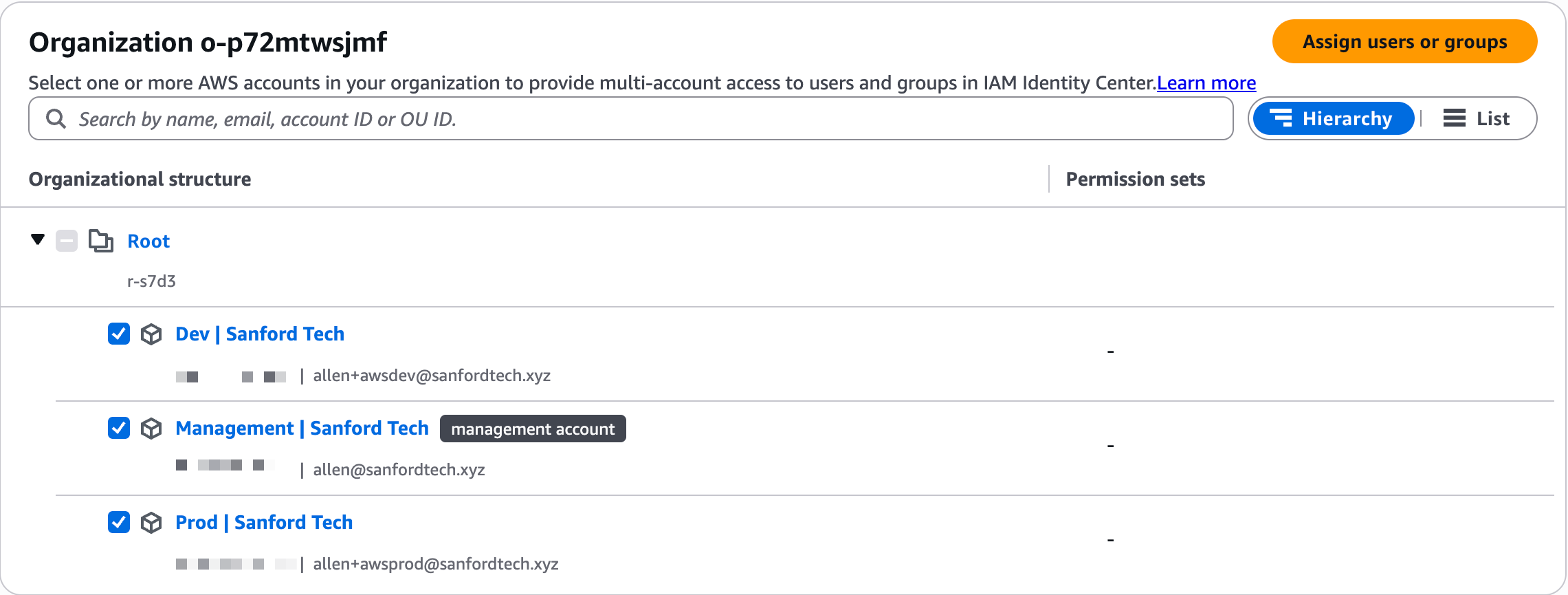 Selecting all accounts in the organization to grant permissions