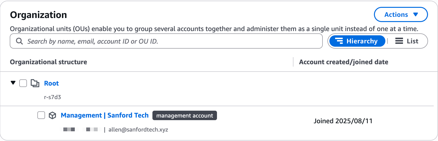 Screenshot of a new AWS org showing the management account
