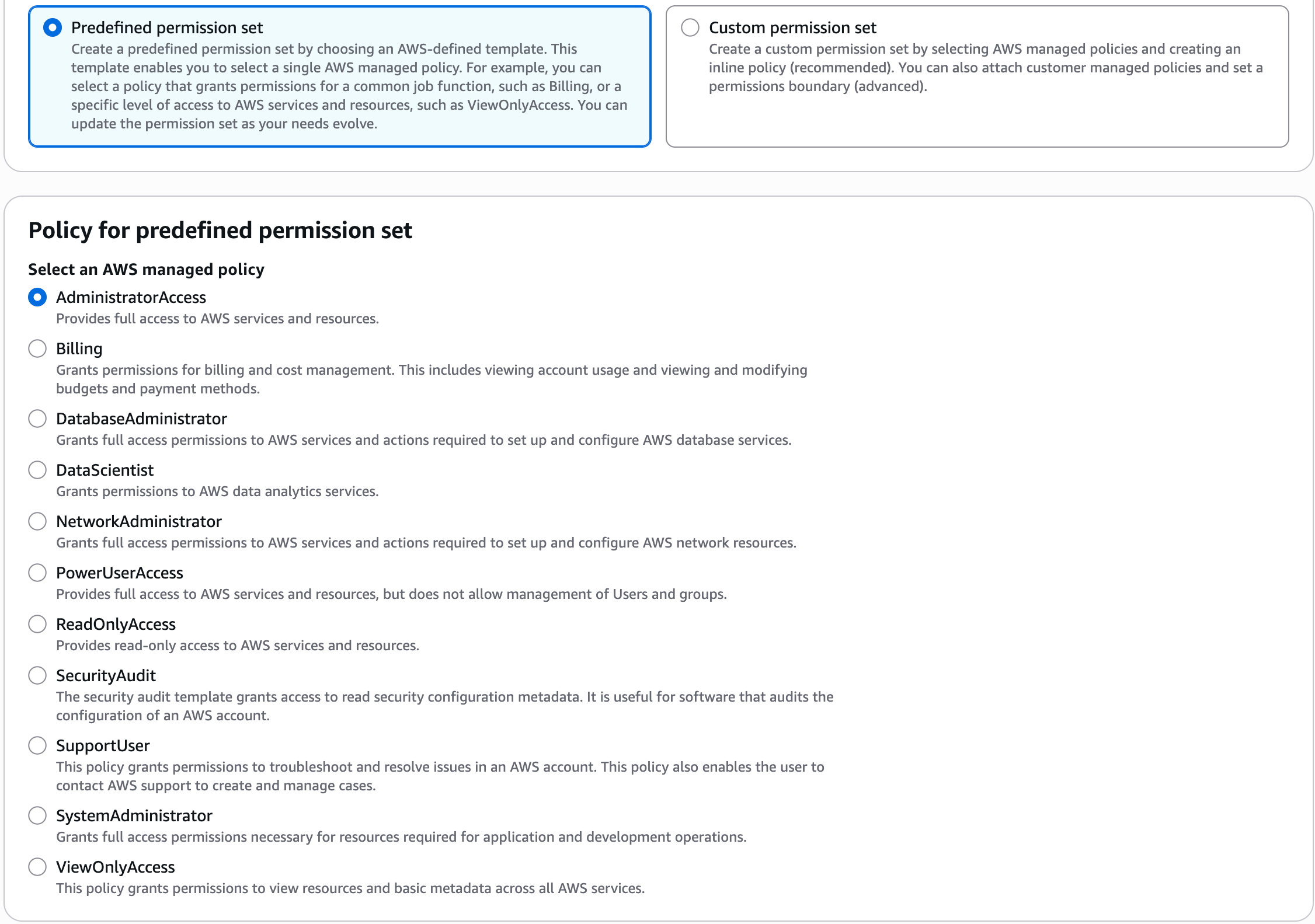Predefined permission sets managed by AWS in the IAM Identity Center